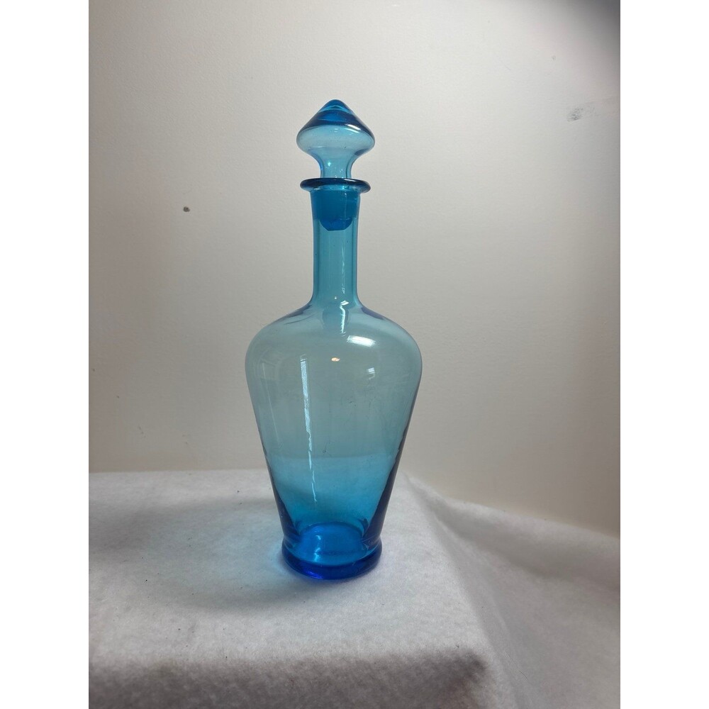 Vintage Mid-Century Modern Turquoise Blue Glass Decanter with Stopper 12” MCM